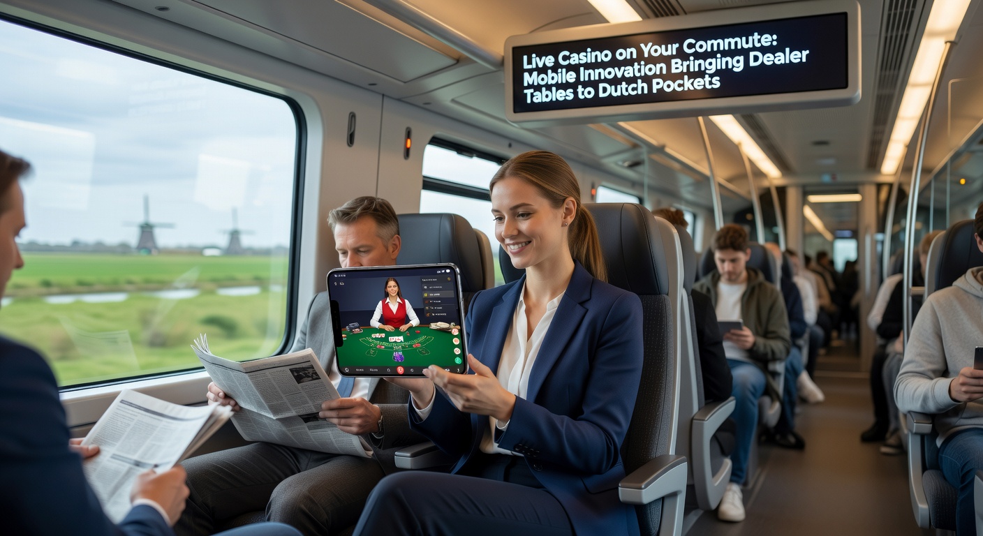 Live blackjack sessie op tablet in bus, met meerdere camera-hoeken en chatvenster zichtbaar